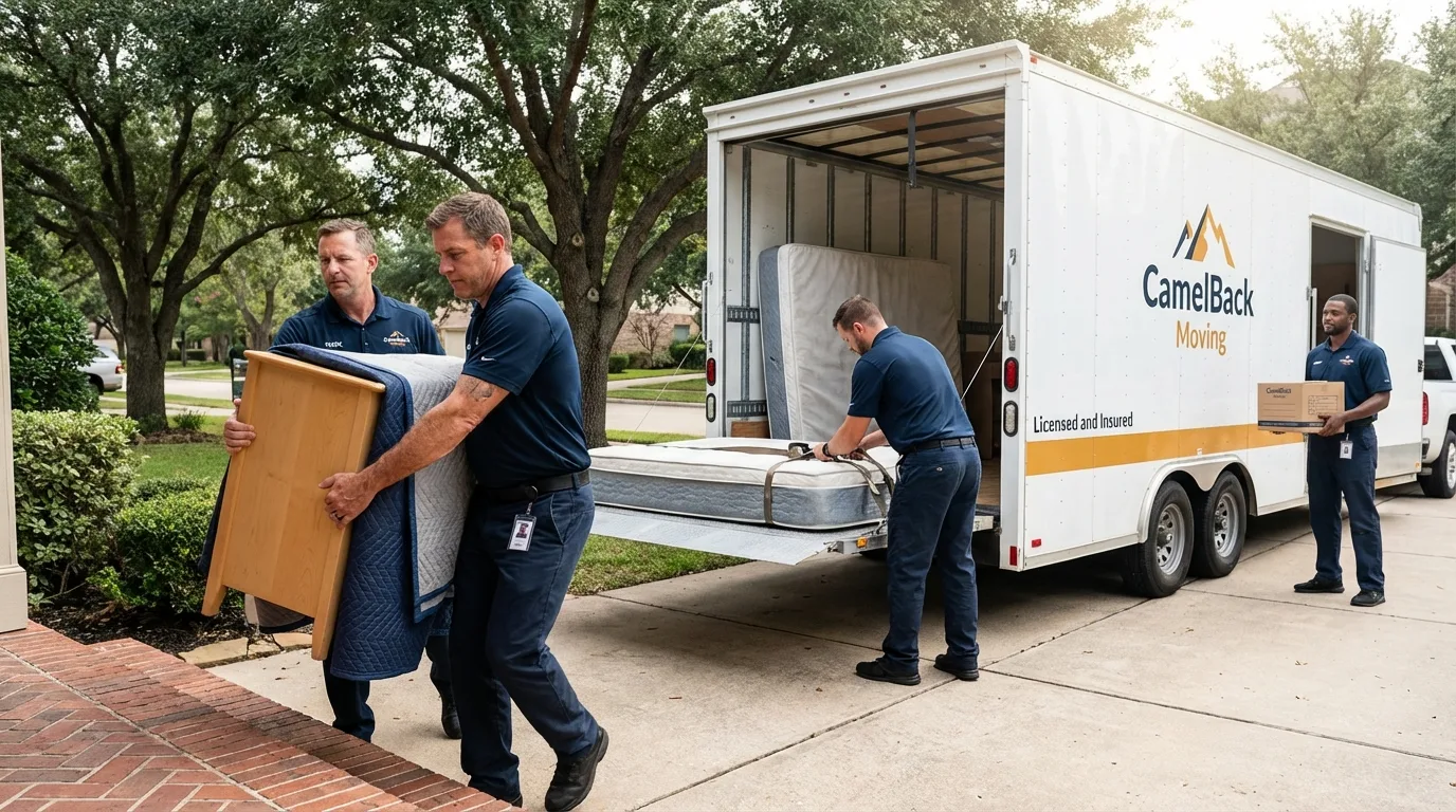 Crew loading residential truck for cross-state move from Georgetown, CA