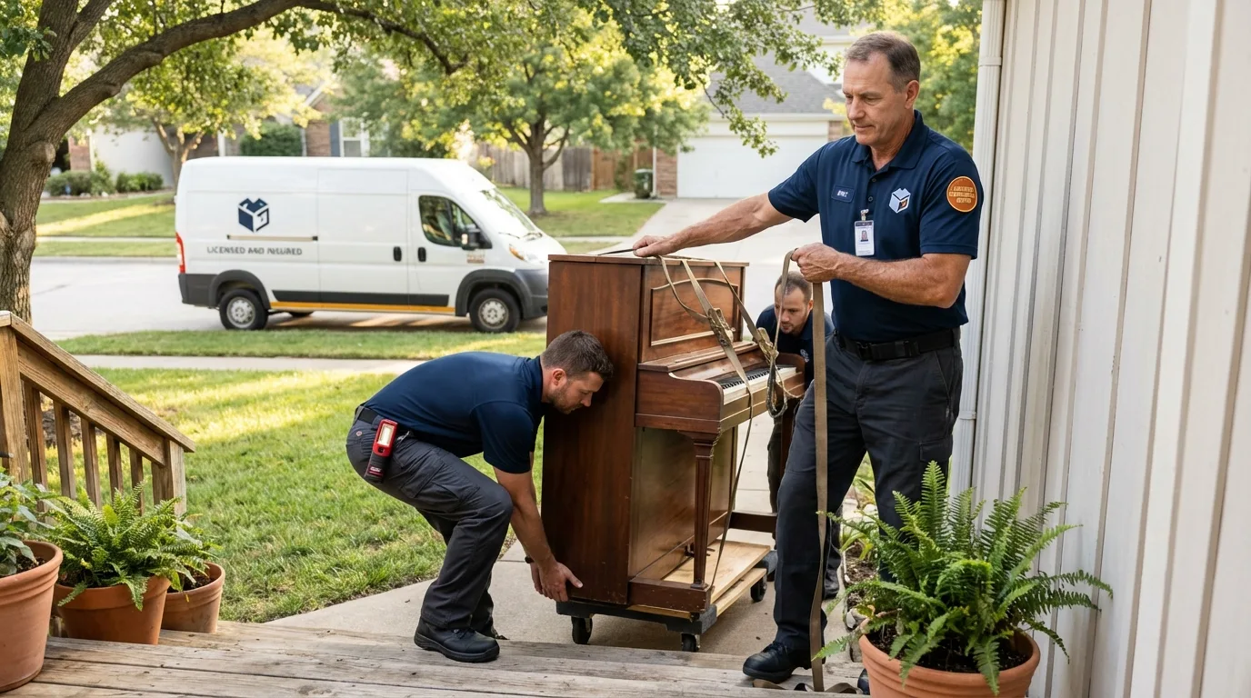 Licensed piano movers securing grand piano in Georgetown, CA