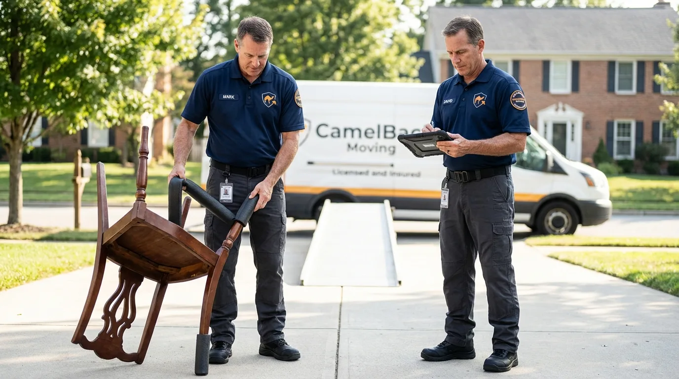 Movers inspecting furniture for damage prevention before loading in Georgetown, CA