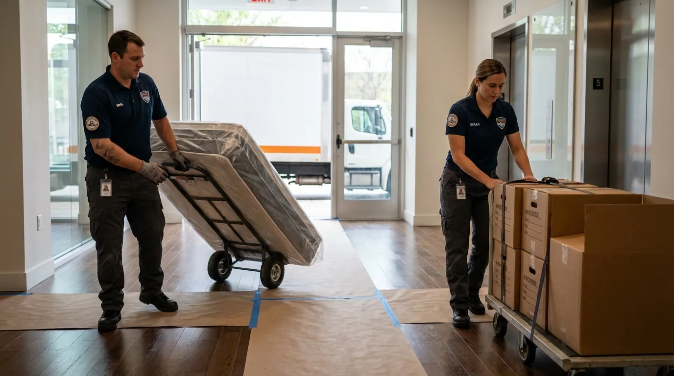 Professional apartment movers loading elevator in Georgetown, CA